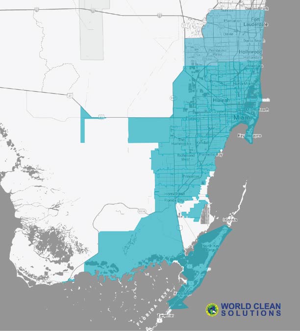 World Clean Solutions service area map across Miami-Dade and Broward County